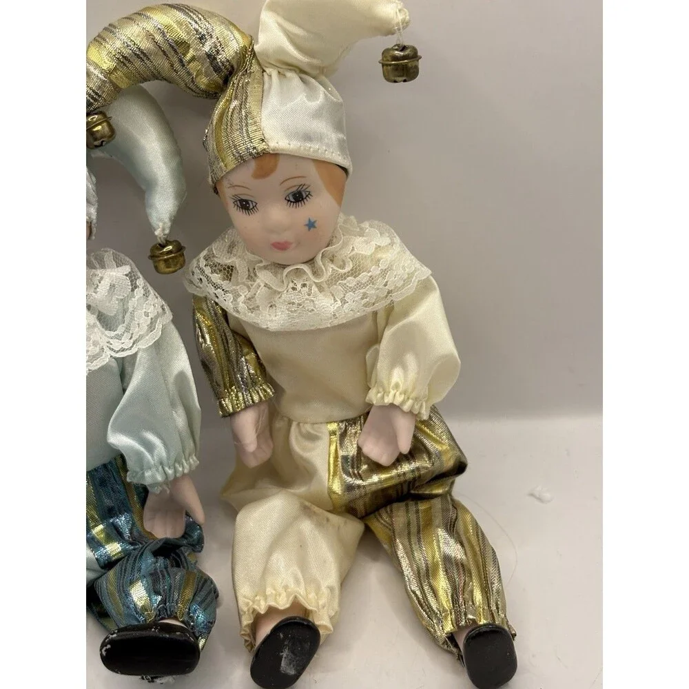 PAIR Porcelain Jester Doll Clown Gold Blue Las Vegas Gold Mardi Gras Bells 9.5”